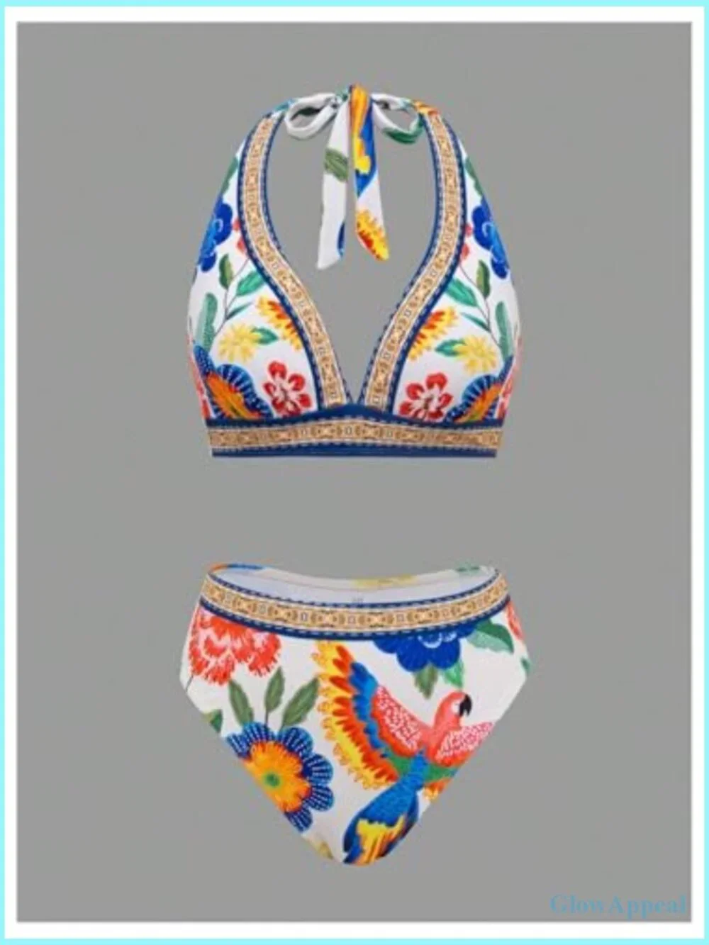 Floral Tropical Print Boho Bikini Set 3 Piece Halter Triangle Swimsuit with